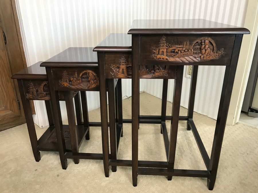 Set Of (4) George Zee & Co Kiln Dried Art Carved Furniture Nesting Tables From Hong Kong [Photo 3]