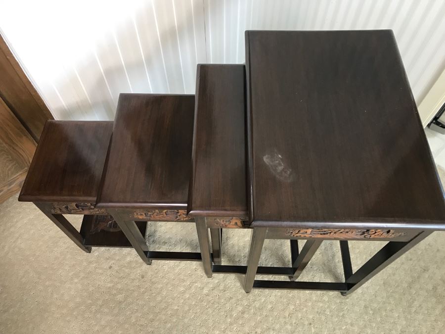 Set Of (4) George Zee & Co Kiln Dried Art Carved Furniture Nesting Tables From Hong Kong [Photo 11]