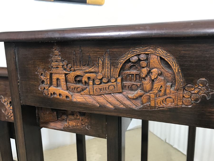 Set Of (4) George Zee & Co Kiln Dried Art Carved Furniture Nesting Tables From Hong Kong [Photo 6]