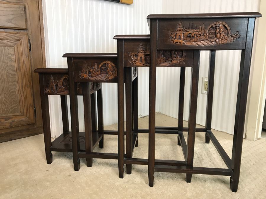 Set Of (4) George Zee & Co Kiln Dried Art Carved Furniture Nesting Tables From Hong Kong