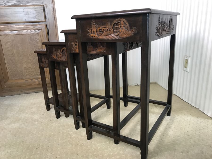 Set Of (4) George Zee & Co Kiln Dried Art Carved Furniture Nesting Tables From Hong Kong [Photo 5]