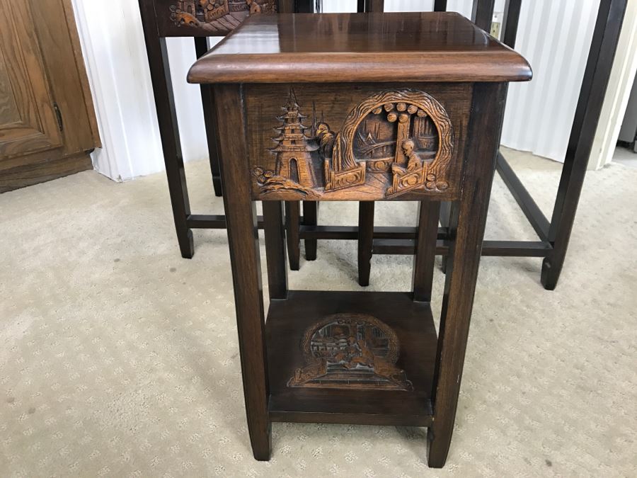 Set Of (4) George Zee & Co Kiln Dried Art Carved Furniture Nesting Tables From Hong Kong [Photo 12]
