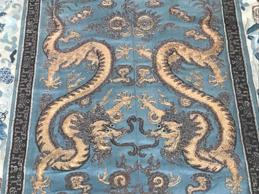Framed Vintage Chinese Gold Stitch Silk Embroidery With Serpent Dragons [Photo 9]