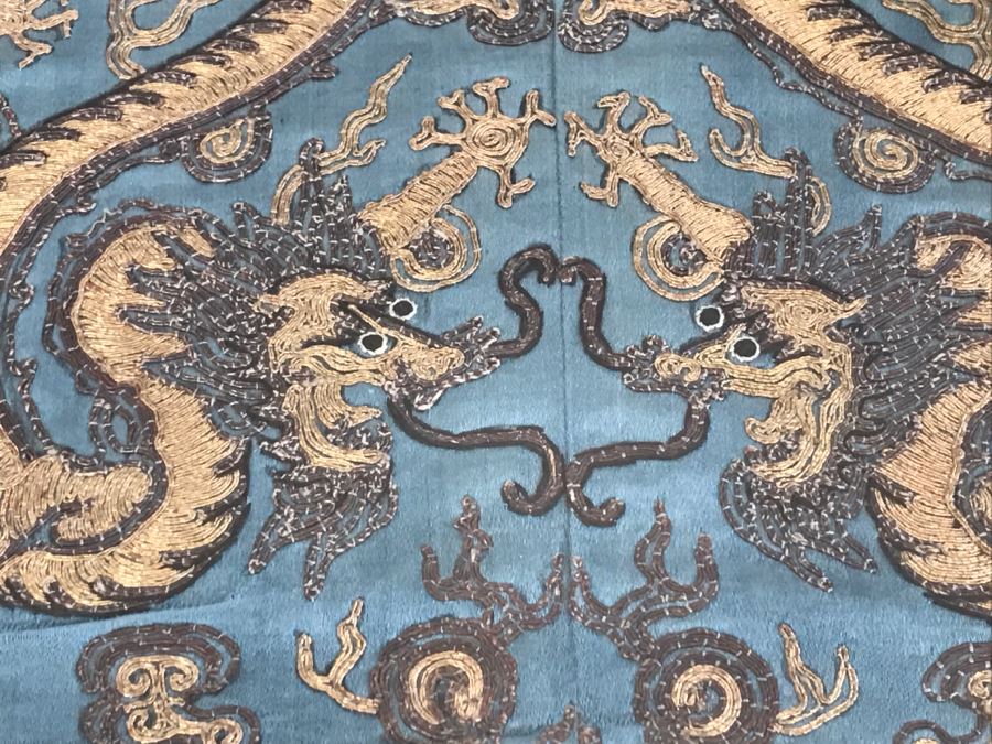 Framed Vintage Chinese Gold Stitch Silk Embroidery With Serpent Dragons [Photo 8]
