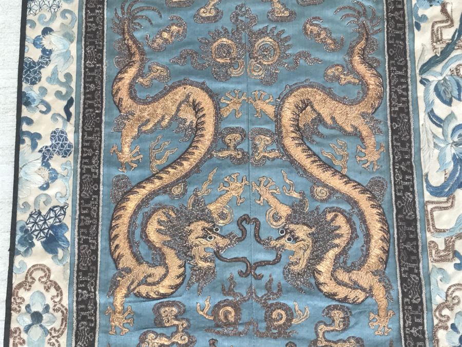 Framed Vintage Chinese Gold Stitch Silk Embroidery With Serpent Dragons [Photo 4]