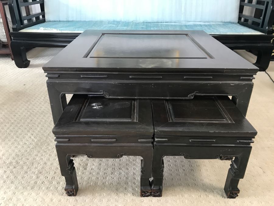 Vintage George Zee & Co Kiln Dried Art Carved Furniture Coffee Table With (4) Nesting Smaller Tables [Photo 3]