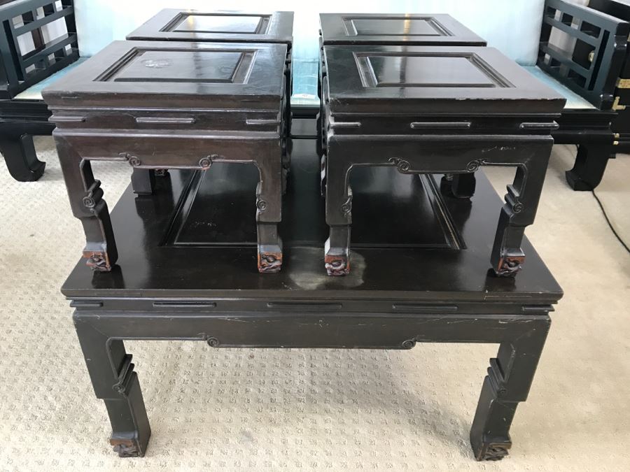 Vintage George Zee & Co Kiln Dried Art Carved Furniture Coffee Table With (4) Nesting Smaller Tables [Photo 11]
