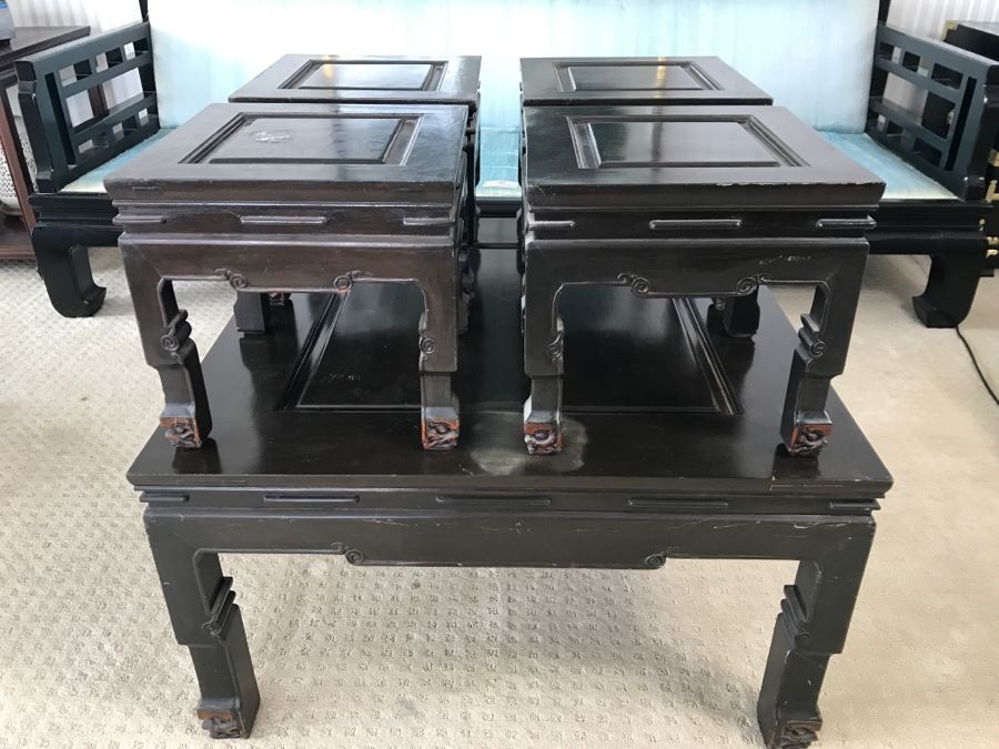 Vintage George Zee & Co Kiln Dried Art Carved Furniture Coffee Table With (4) Nesting Smaller Tables [Photo 10]