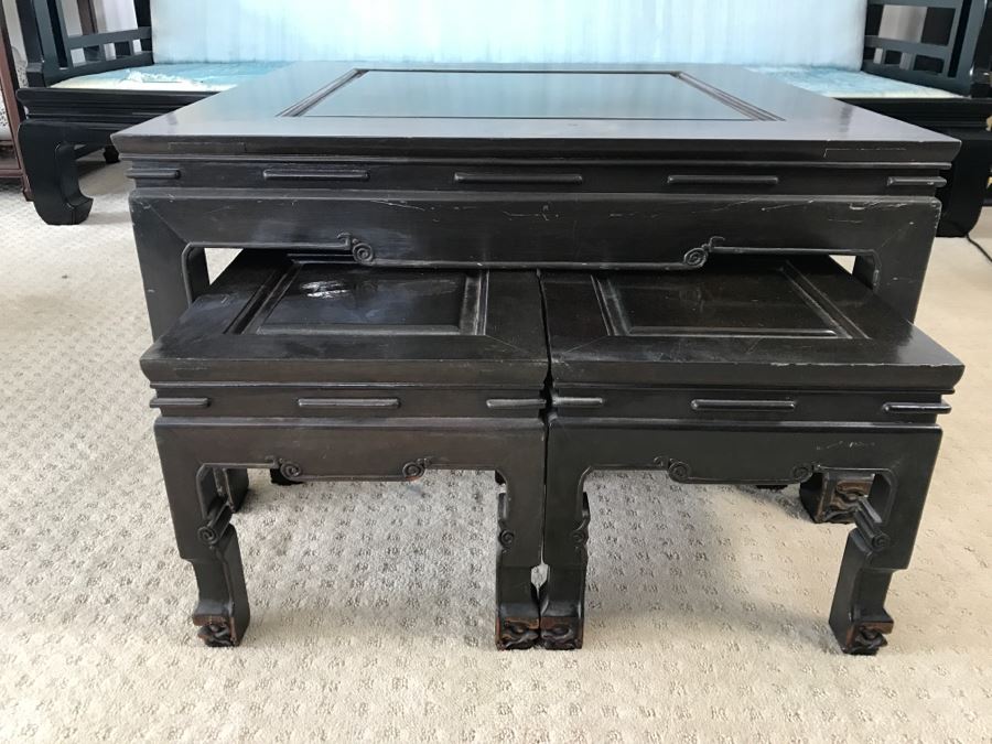 Vintage George Zee & Co Kiln Dried Art Carved Furniture Coffee Table With (4) Nesting Smaller Tables [Photo 4]