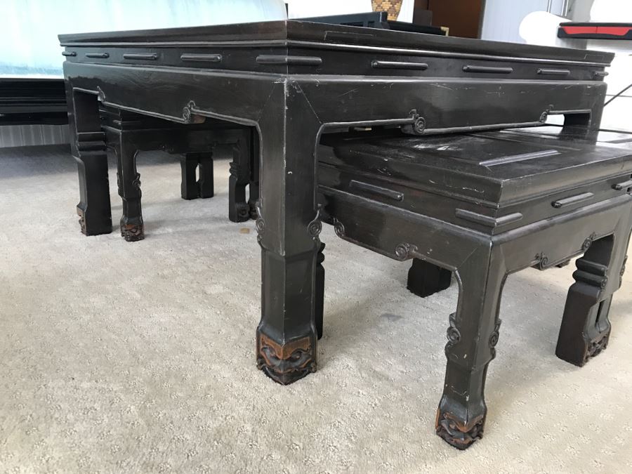 Vintage George Zee & Co Kiln Dried Art Carved Furniture Coffee Table With (4) Nesting Smaller Tables [Photo 6]