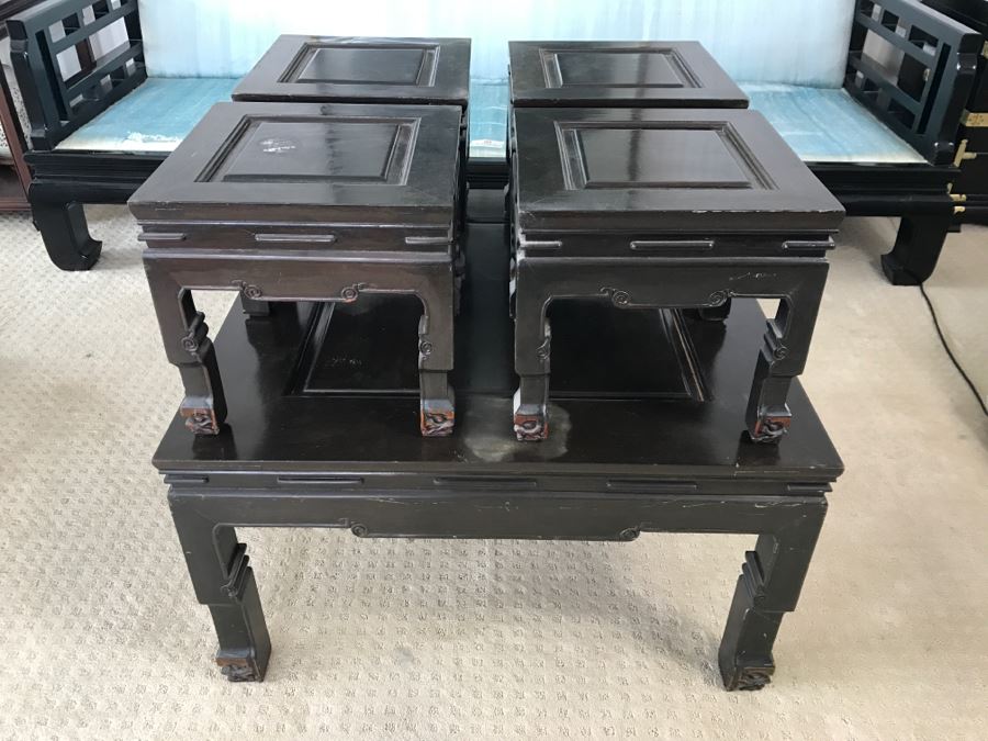 Vintage George Zee & Co Kiln Dried Art Carved Furniture Coffee Table With (4) Nesting Smaller Tables