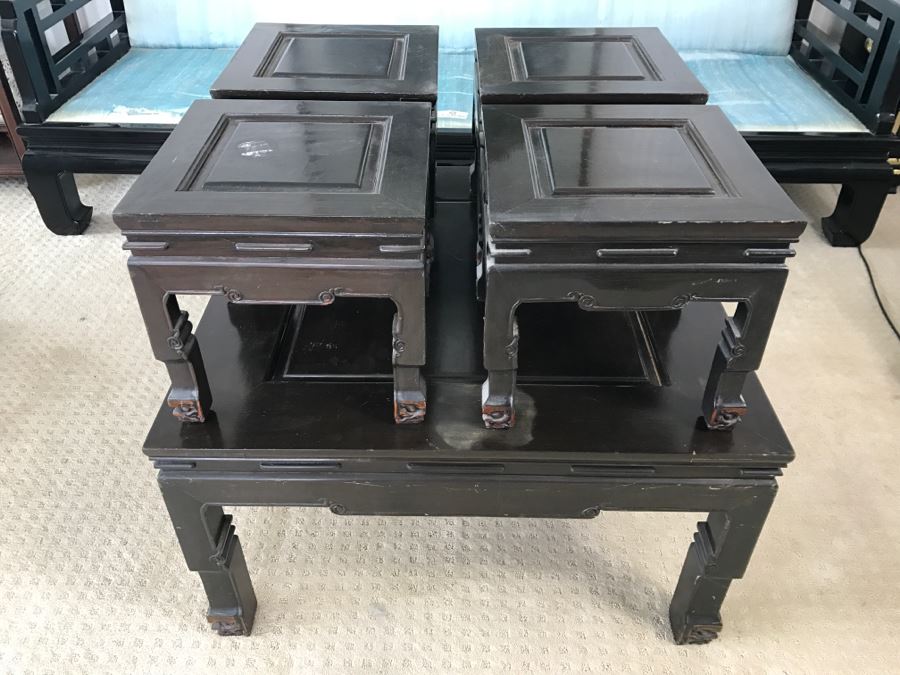 Vintage George Zee & Co Kiln Dried Art Carved Furniture Coffee Table With (4) Nesting Smaller Tables [Photo 12]