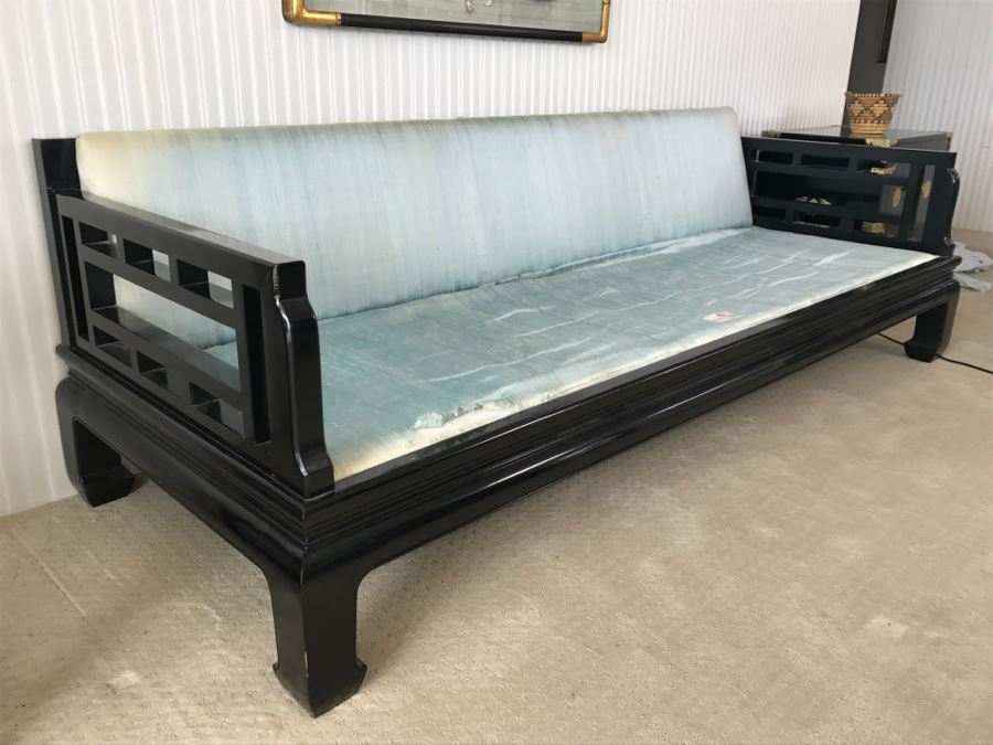 Mid-Century Designer Chinoiserie Black Lacquer Sofa By Century Hickory, NC - Have Silk Cushions (Not Shown) But Needs Reupholstering [Photo 6]