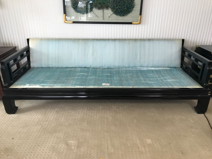 Mid-Century Designer Chinoiserie Black Lacquer Sofa By Century Hickory, NC - Have Silk Cushions (Not Shown) But Needs Reupholstering [Photo 3]