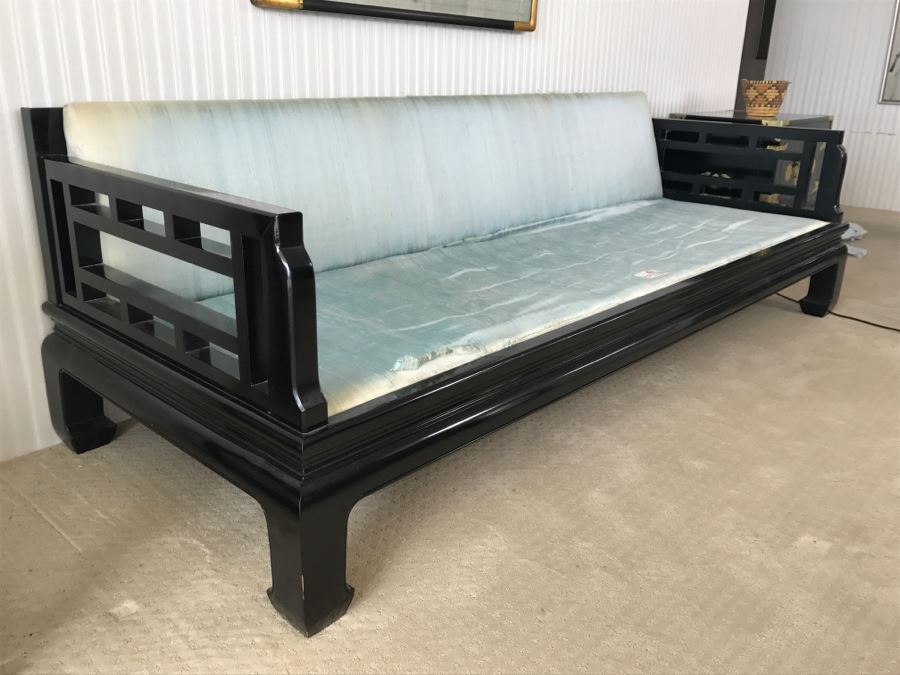 Mid-Century Designer Chinoiserie Black Lacquer Sofa By Century Hickory, NC - Have Silk Cushions (Not Shown) But Needs Reupholstering [Photo 5]