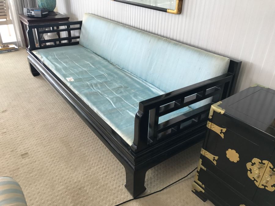 Mid-Century Designer Chinoiserie Black Lacquer Sofa By Century Hickory, NC - Have Silk Cushions (Not Shown) But Needs Reupholstering [Photo 11]