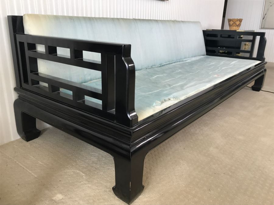 Mid-Century Designer Chinoiserie Black Lacquer Sofa By Century Hickory, NC - Have Silk Cushions (Not Shown) But Needs Reupholstering [Photo 8]