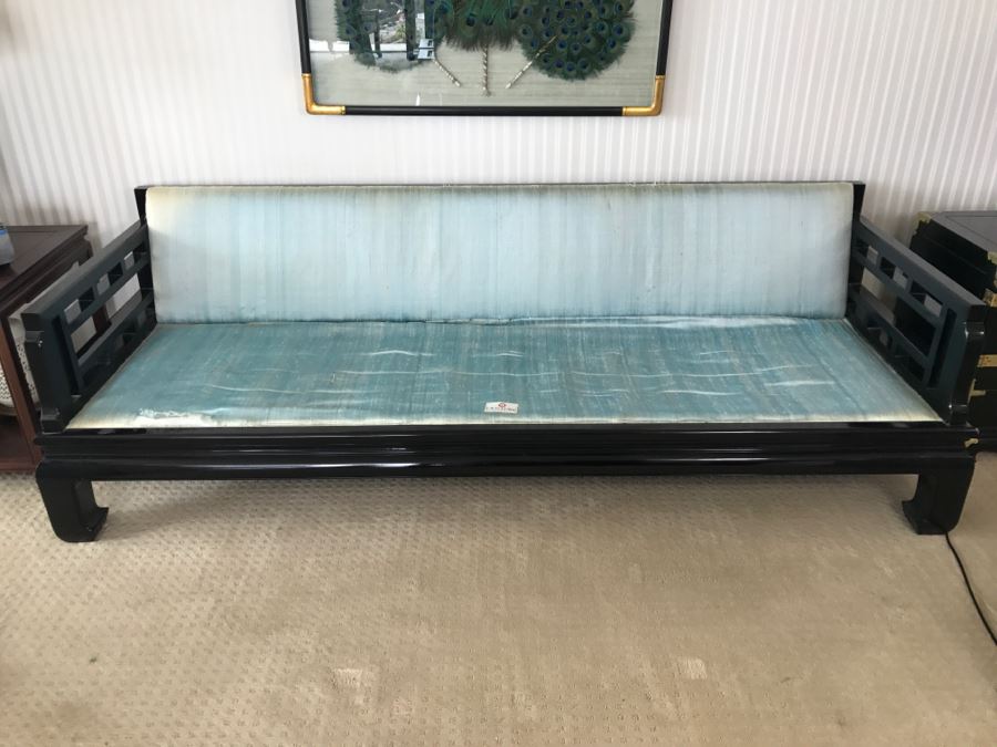 Mid-Century Designer Chinoiserie Black Lacquer Sofa By Century Hickory, NC - Have Silk Cushions (Not Shown) But Needs Reupholstering [Photo 1]