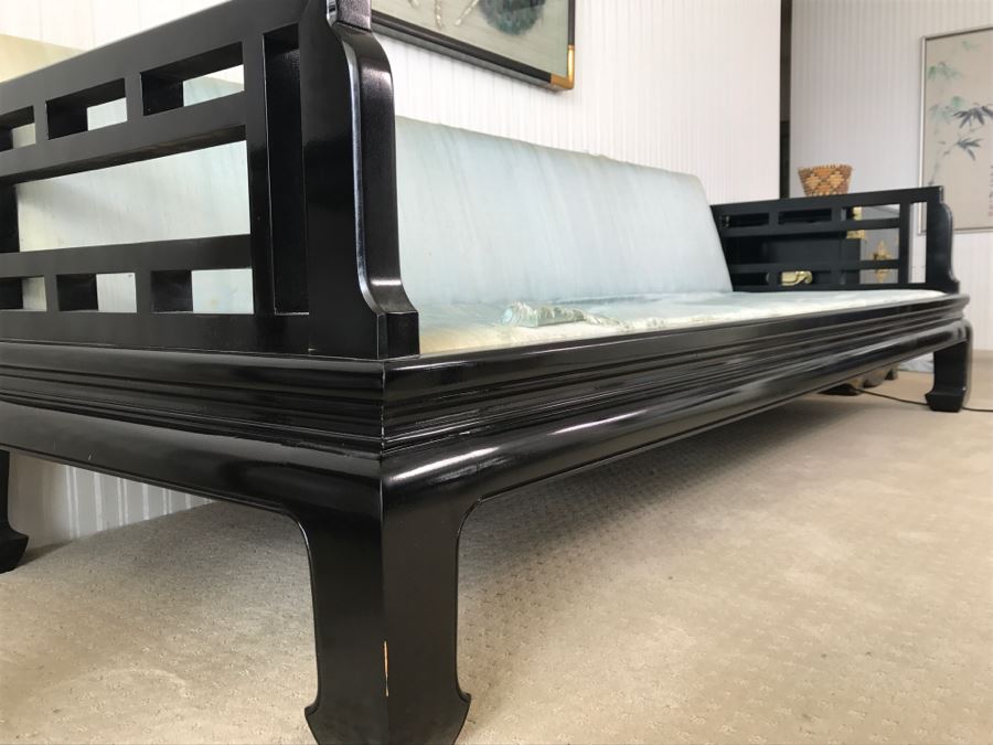 Mid-Century Designer Chinoiserie Black Lacquer Sofa By Century Hickory, NC - Have Silk Cushions (Not Shown) But Needs Reupholstering [Photo 9]