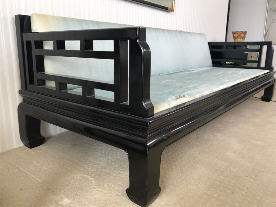 Mid-Century Designer Chinoiserie Black Lacquer Sofa By Century Hickory, NC - Have Silk Cushions (Not Shown) But Needs Reupholstering [Photo 7]