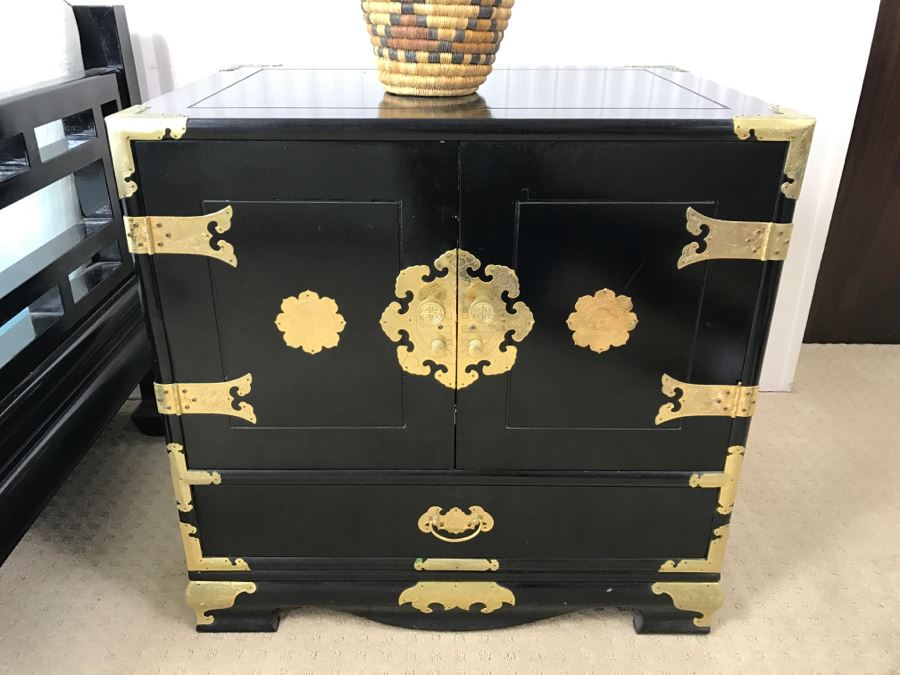 Korean Style Black Wooden Side Table With Brass Accents Made In
