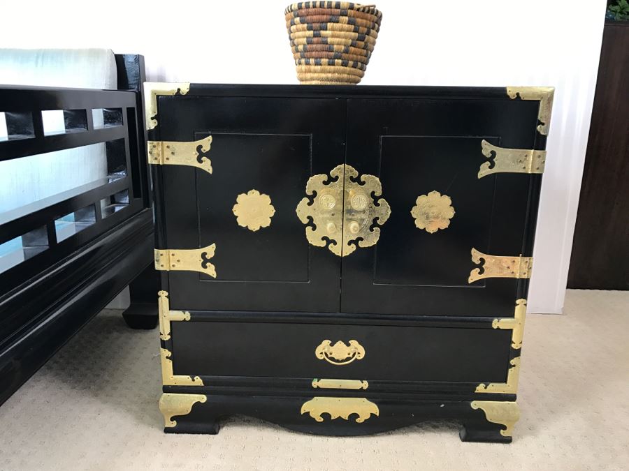 Korean Style Black Wooden Cabinet Side Table With Brass Accents Made In Taiwan
