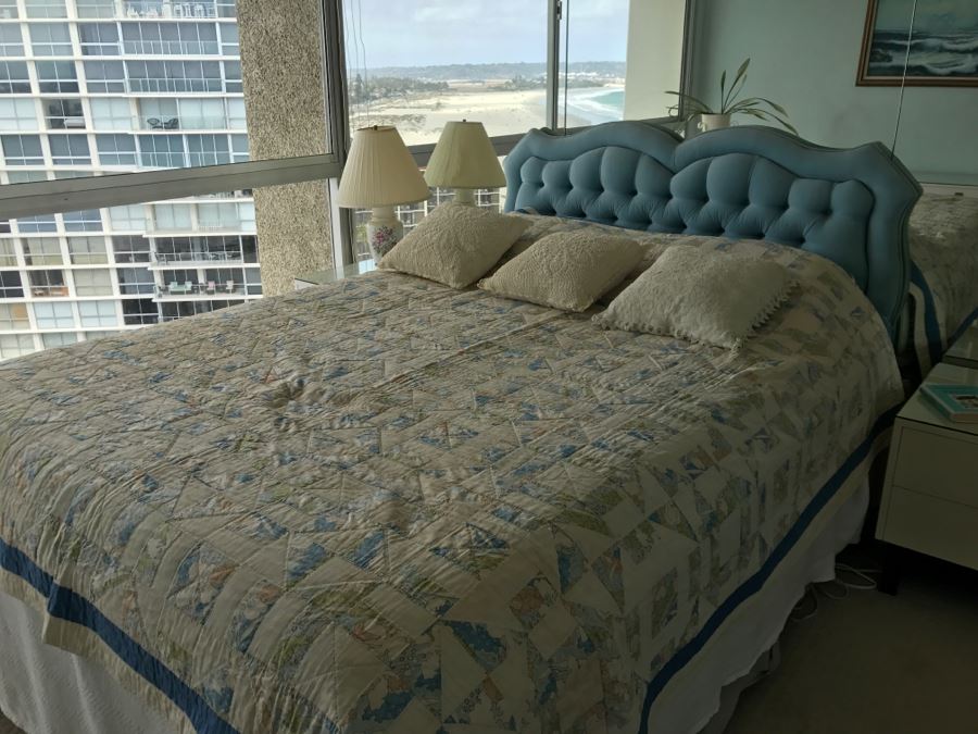 UPDATE - Vintage Blue Tufted Queen Size Headboard And Metal Bed Frame (Does Not Include Vintage Quilt, Queen Size Banner Mattress And Box Spring) [Photo 6]