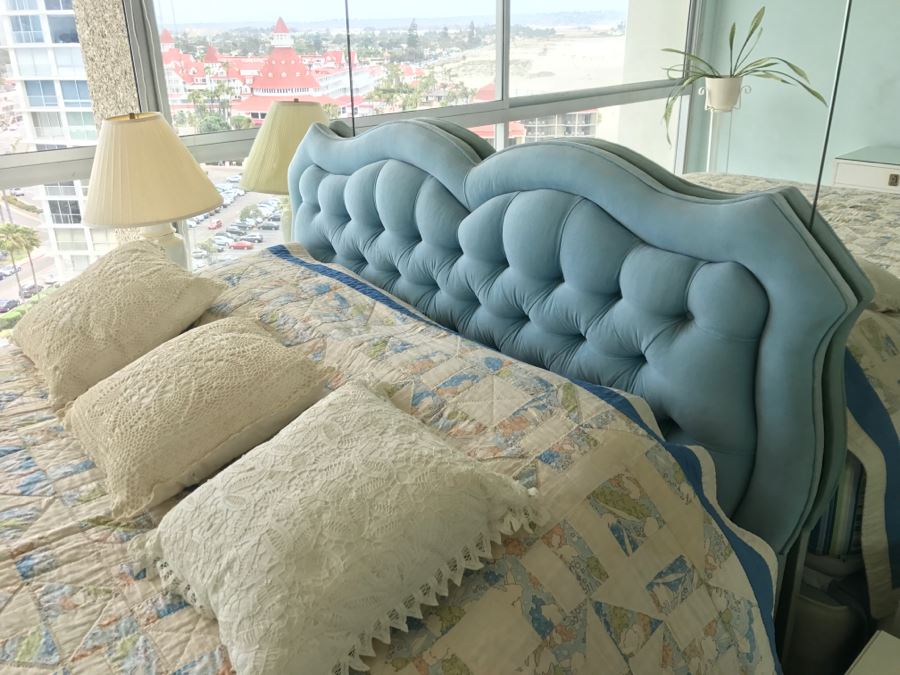 UPDATE - Vintage Blue Tufted Queen Size Headboard And Metal Bed Frame (Does Not Include Vintage Quilt, Queen Size Banner Mattress And Box Spring) [Photo 13]