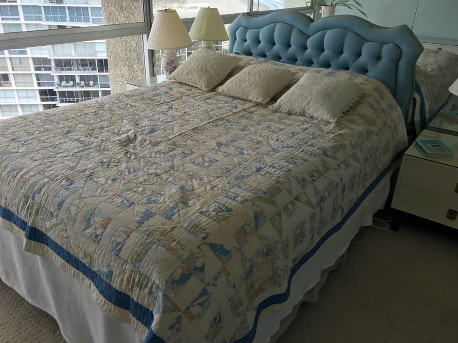 UPDATE - Vintage Blue Tufted Queen Size Headboard And Metal Bed Frame (Does Not Include Vintage Quilt, Queen Size Banner Mattress And Box Spring) [Photo 2]