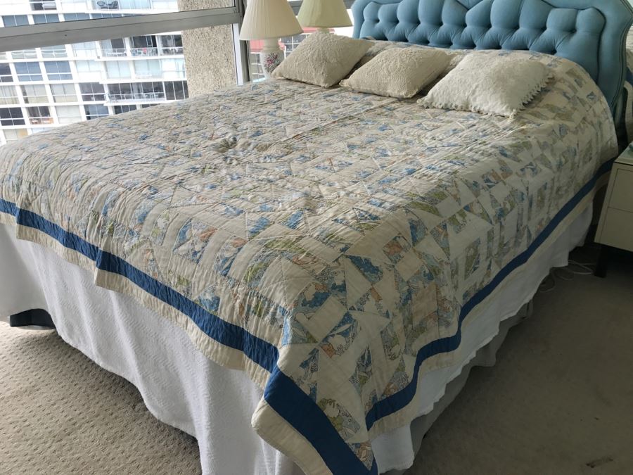 UPDATE - Vintage Blue Tufted Queen Size Headboard And Metal Bed Frame (Does Not Include Vintage Quilt, Queen Size Banner Mattress And Box Spring) [Photo 4]