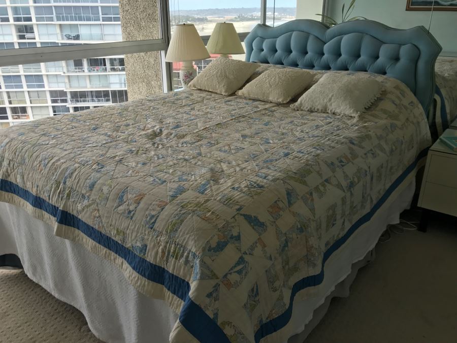 UPDATE - Vintage Blue Tufted Queen Size Headboard And Metal Bed Frame (Does Not Include Vintage Quilt, Queen Size Banner Mattress And Box Spring) [Photo 5]