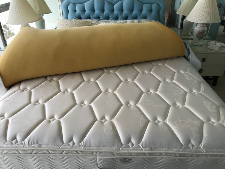 UPDATE - Vintage Blue Tufted Queen Size Headboard And Metal Bed Frame (Does Not Include Vintage Quilt, Queen Size Banner Mattress And Box Spring) [Photo 17]