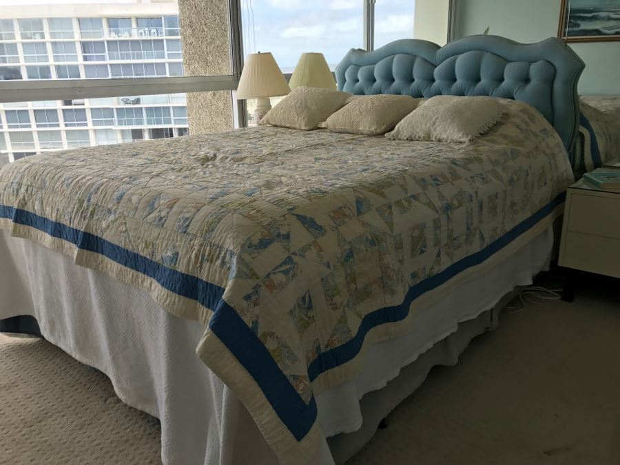 UPDATE - Vintage Blue Tufted Queen Size Headboard And Metal Bed Frame (Does Not Include Vintage Quilt, Queen Size Banner Mattress And Box Spring) [Photo 10]