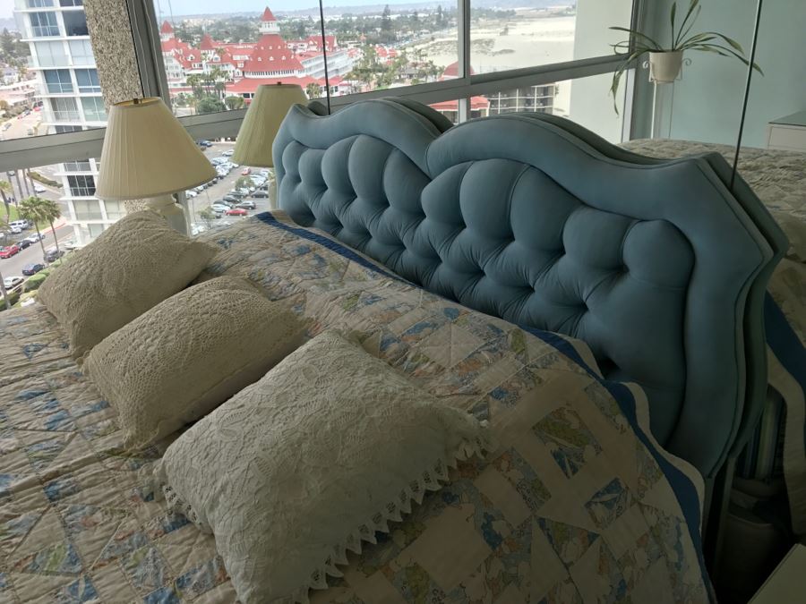 UPDATE - Vintage Blue Tufted Queen Size Headboard And Metal Bed Frame (Does Not Include Vintage Quilt, Queen Size Banner Mattress And Box Spring) [Photo 11]