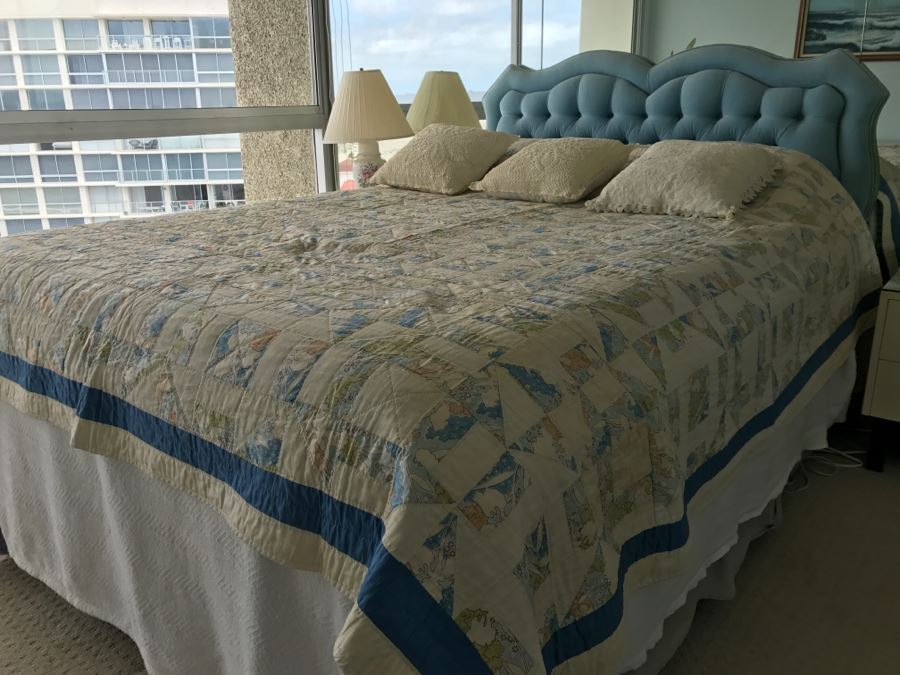 UPDATE - Vintage Blue Tufted Queen Size Headboard And Metal Bed Frame (Does Not Include Vintage Quilt, Queen Size Banner Mattress And Box Spring) [Photo 7]