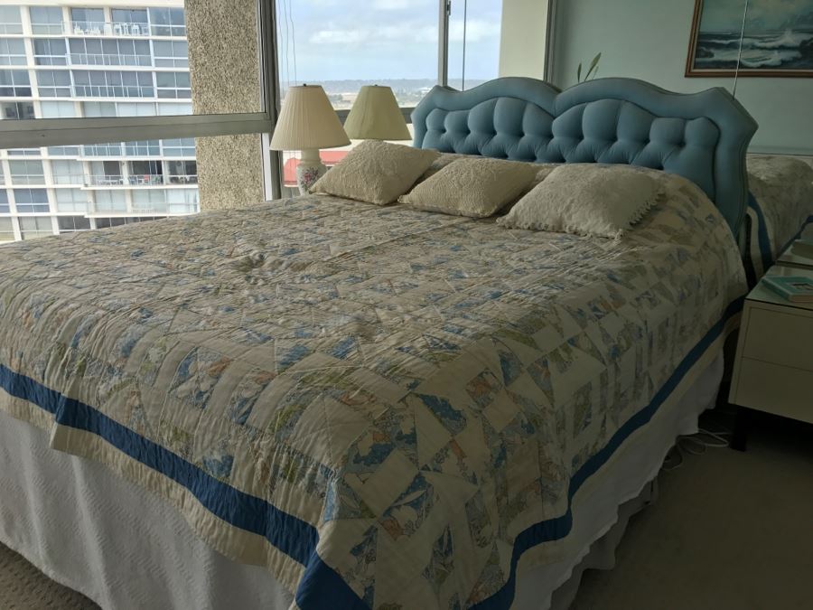 UPDATE - Vintage Blue Tufted Queen Size Headboard And Metal Bed Frame (Does Not Include Vintage Quilt, Queen Size Banner Mattress And Box Spring) [Photo 9]