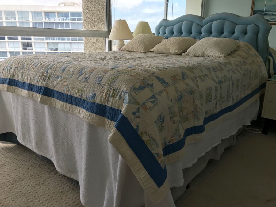 UPDATE - Vintage Blue Tufted Queen Size Headboard And Metal Bed Frame (Does Not Include Vintage Quilt, Queen Size Banner Mattress And Box Spring) [Photo 8]