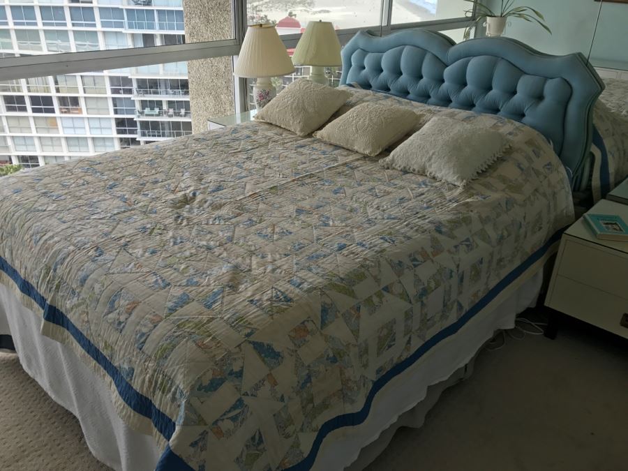 UPDATE - Vintage Blue Tufted Queen Size Headboard And Metal Bed Frame (Does Not Include Vintage Quilt, Queen Size Banner Mattress And Box Spring) [Photo 3]