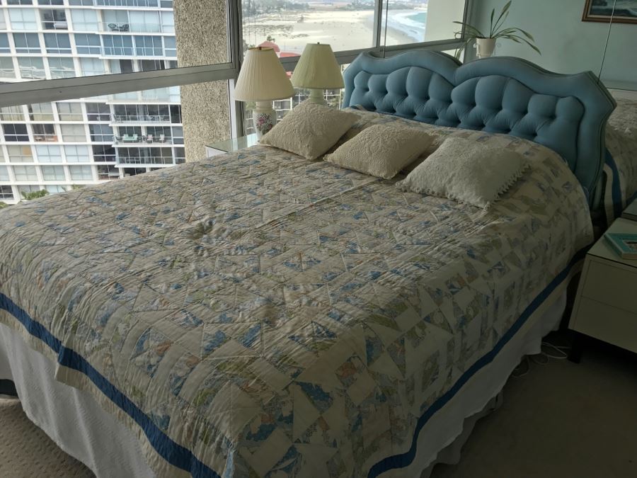 UPDATE - Vintage Blue Tufted Queen Size Headboard And Metal Bed Frame (Does Not Include Vintage Quilt, Queen Size Banner Mattress And Box Spring) [Photo 1]