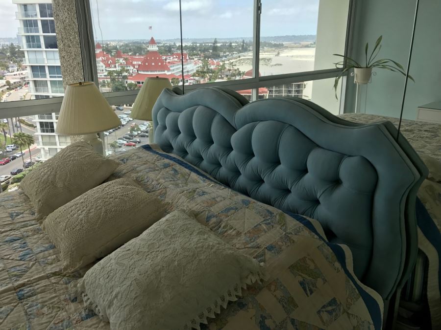 UPDATE - Vintage Blue Tufted Queen Size Headboard And Metal Bed Frame (Does Not Include Vintage Quilt, Queen Size Banner Mattress And Box Spring) [Photo 12]