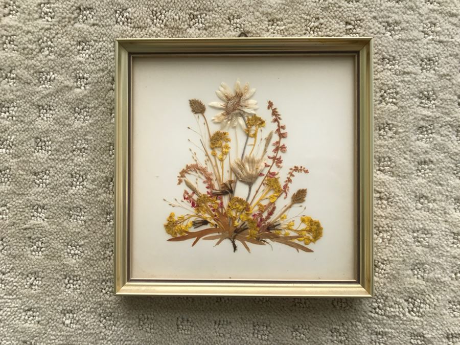 Vintage REICHLIN-Switzerland Miniature Gold Framed Dried Flower