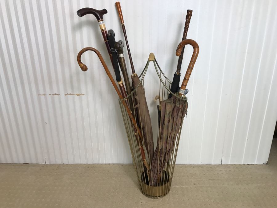 Mid-Century Modern Metal Umbrella Cane Storage Stand With Various Canes Walking Sticks And Umbrellas - See Photos [Photo 8]