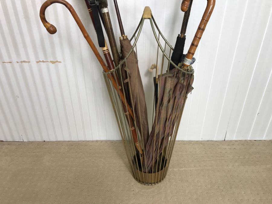 Mid-Century Modern Metal Umbrella Cane Storage Stand With Various Canes Walking Sticks And Umbrellas - See Photos [Photo 3]