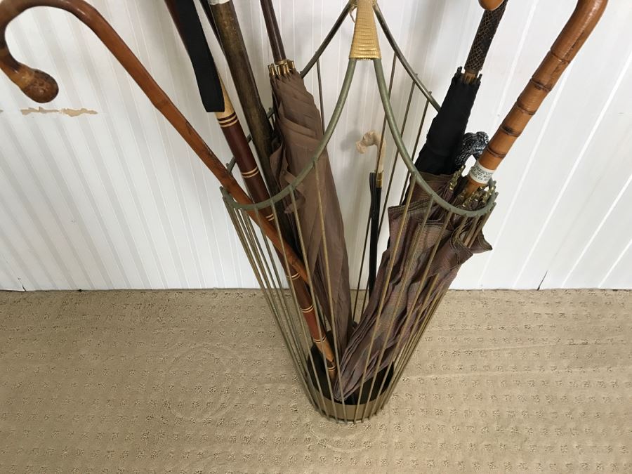 Mid-Century Modern Metal Umbrella Cane Storage Stand With Various Canes Walking Sticks And Umbrellas - See Photos [Photo 17]