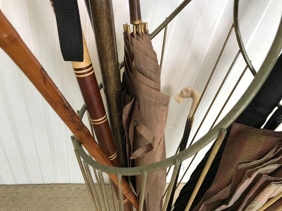 Mid-Century Modern Metal Umbrella Cane Storage Stand With Various Canes Walking Sticks And Umbrellas - See Photos [Photo 13]