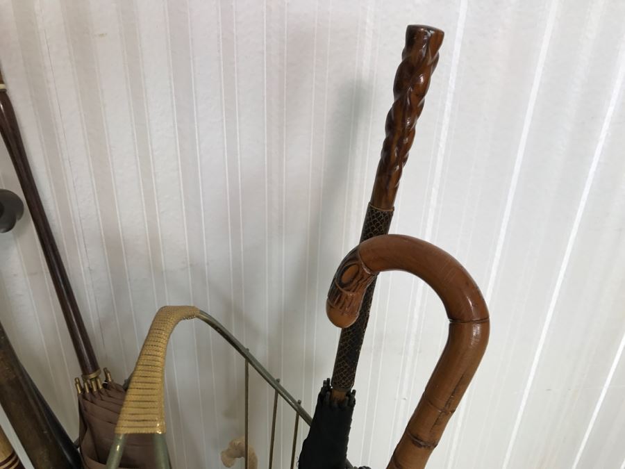 Mid-Century Modern Metal Umbrella Cane Storage Stand With Various Canes Walking Sticks And Umbrellas - See Photos [Photo 14]