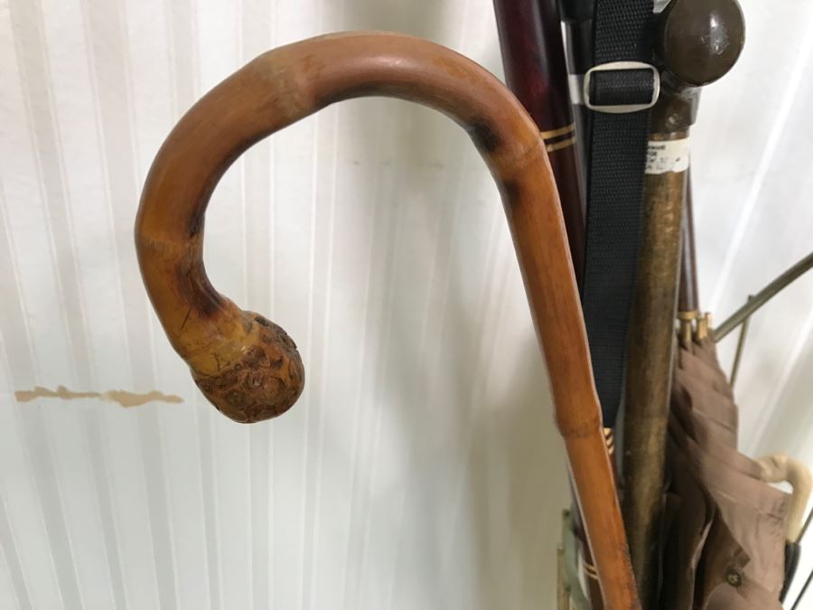 Mid-Century Modern Metal Umbrella Cane Storage Stand With Various Canes Walking Sticks And Umbrellas - See Photos [Photo 9]