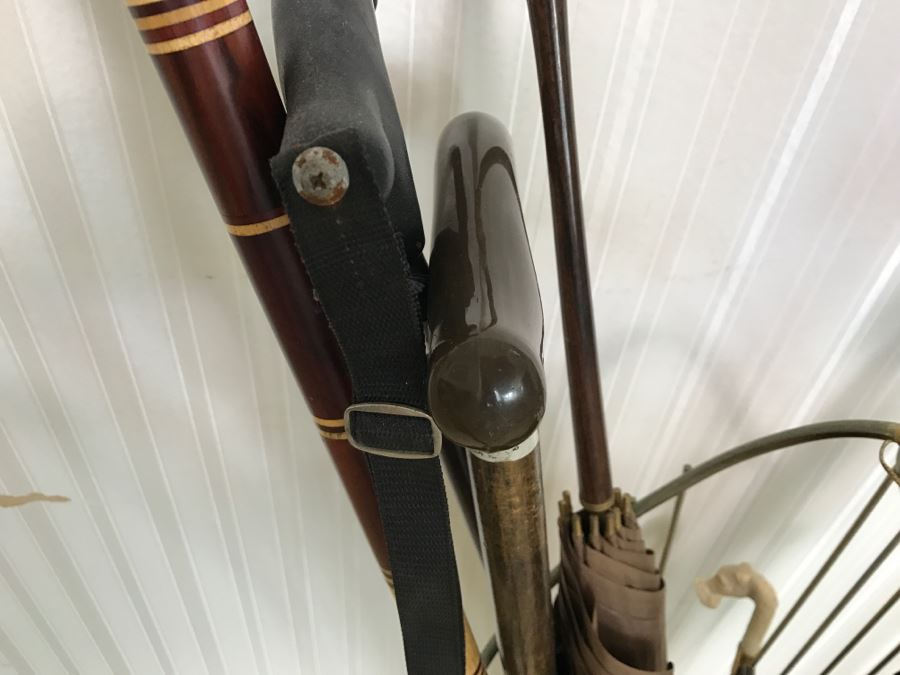 Mid-Century Modern Metal Umbrella Cane Storage Stand With Various Canes Walking Sticks And Umbrellas - See Photos [Photo 12]