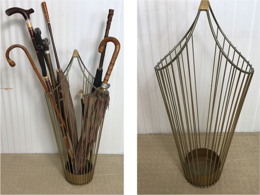 Mid-Century Modern Metal Umbrella Cane Storage Stand With Various Canes Walking Sticks And Umbrellas - See Photos