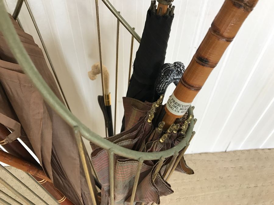 Mid-Century Modern Metal Umbrella Cane Storage Stand With Various Canes Walking Sticks And Umbrellas - See Photos [Photo 16]